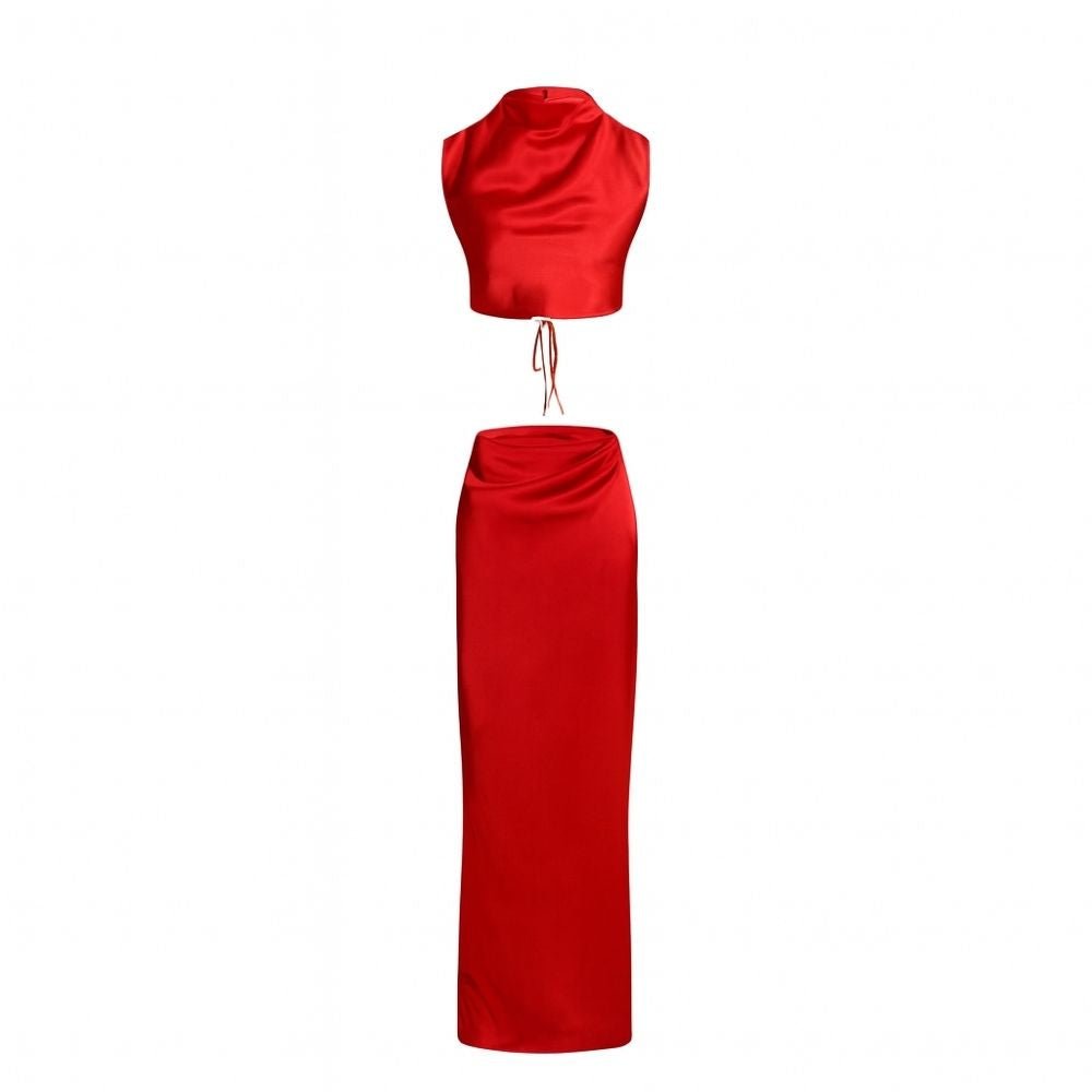Red kouvr satin two-piece outfit on a white background