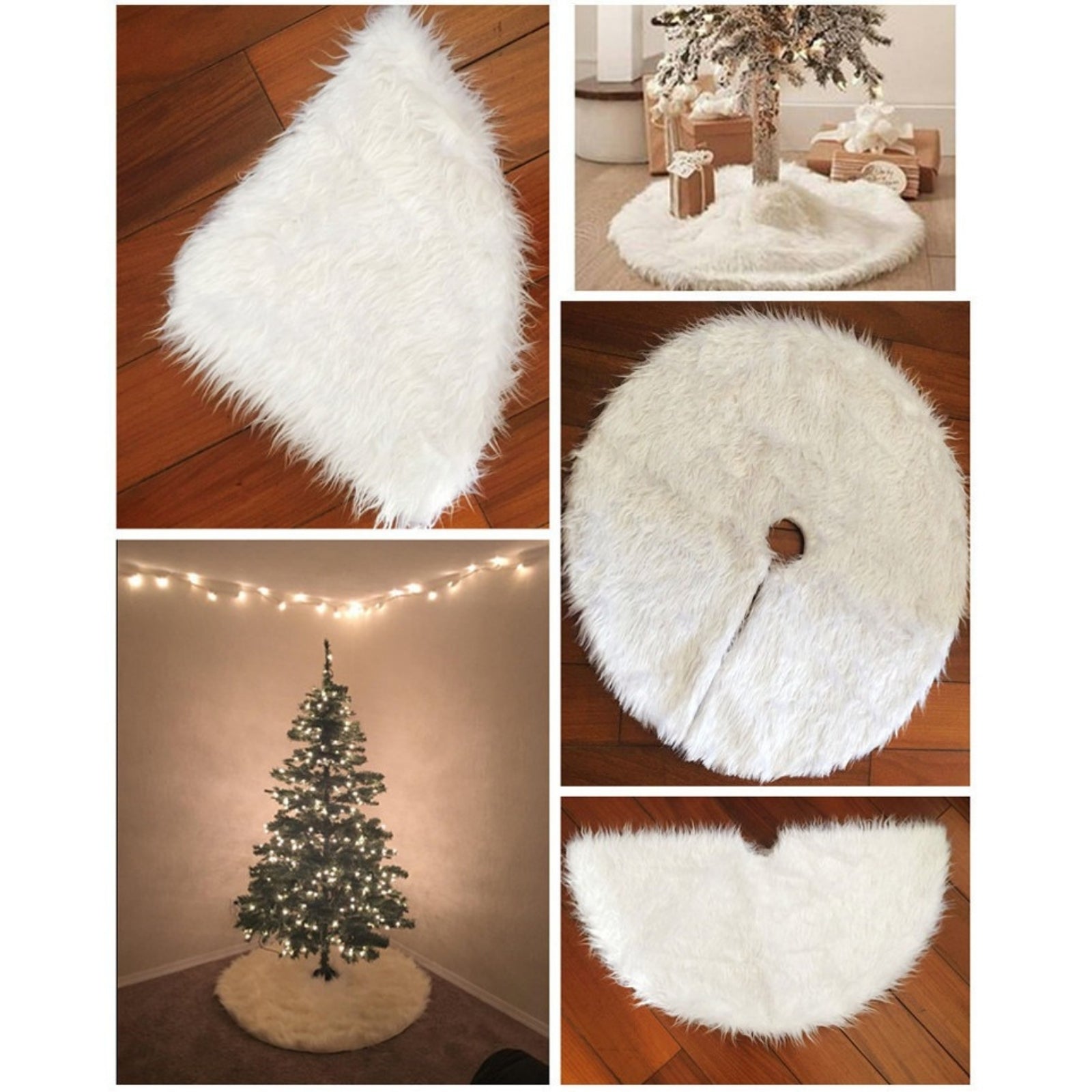 Collage showing multiple views of the Kouvr Fashion faux fur tree skirt, including its texture, full circular shape, and how it looks under a full Christmas tree.
