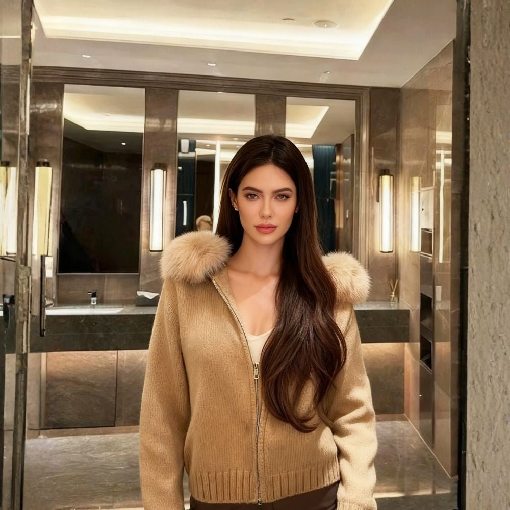 Woman wearing a brown kouvr cardigan with fur trim in a modern bathroom.