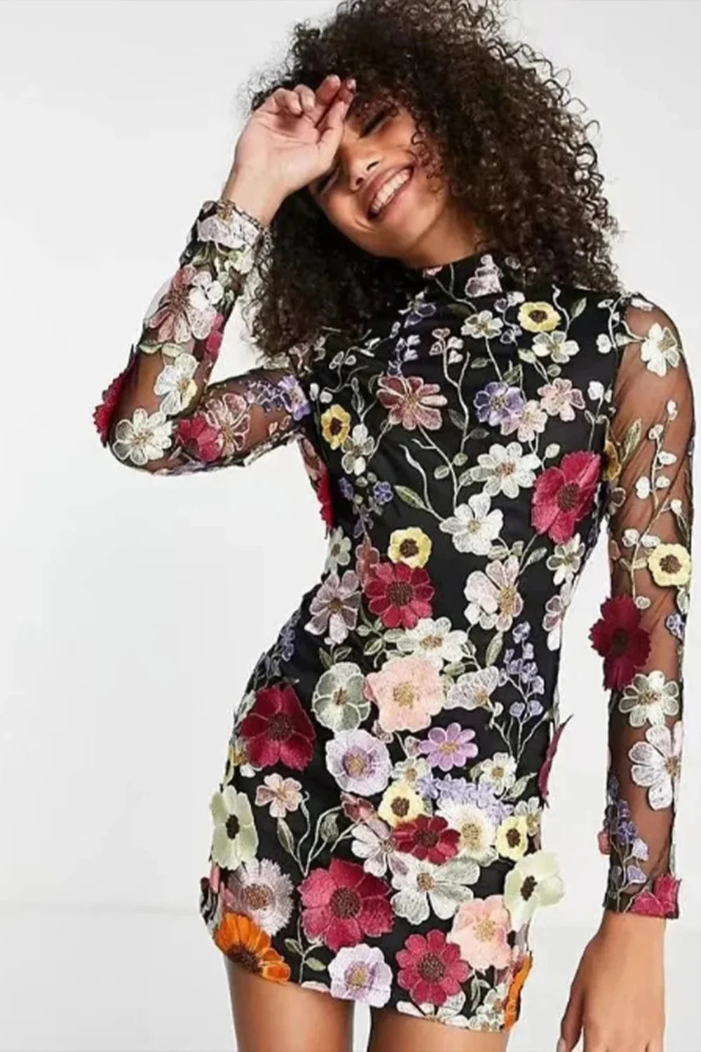 Black 3D Floral Embroidered Mini Dress High Neck Long Mesh Sleeve Cocktail Dress | Statement Party & Special Occasion Wear | Kouvr Fashion Black 3D Floral Embroidered Mini Dress High Neck Long Mesh Sleeve Cocktail Dress | Statement Party & Special Occasion Wear | Kouvr Fashion