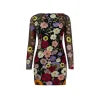 Model in Kouvr Fashion high neck black mini dress with vibrant multicolor 3D floral appliqué embroidery
