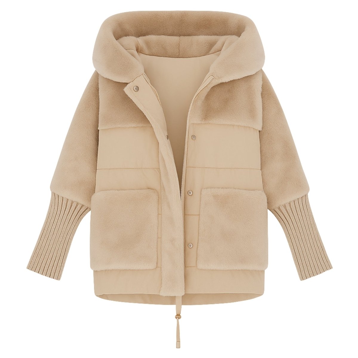 Beige kouvr hooded jacket with knit sleeves on a white background