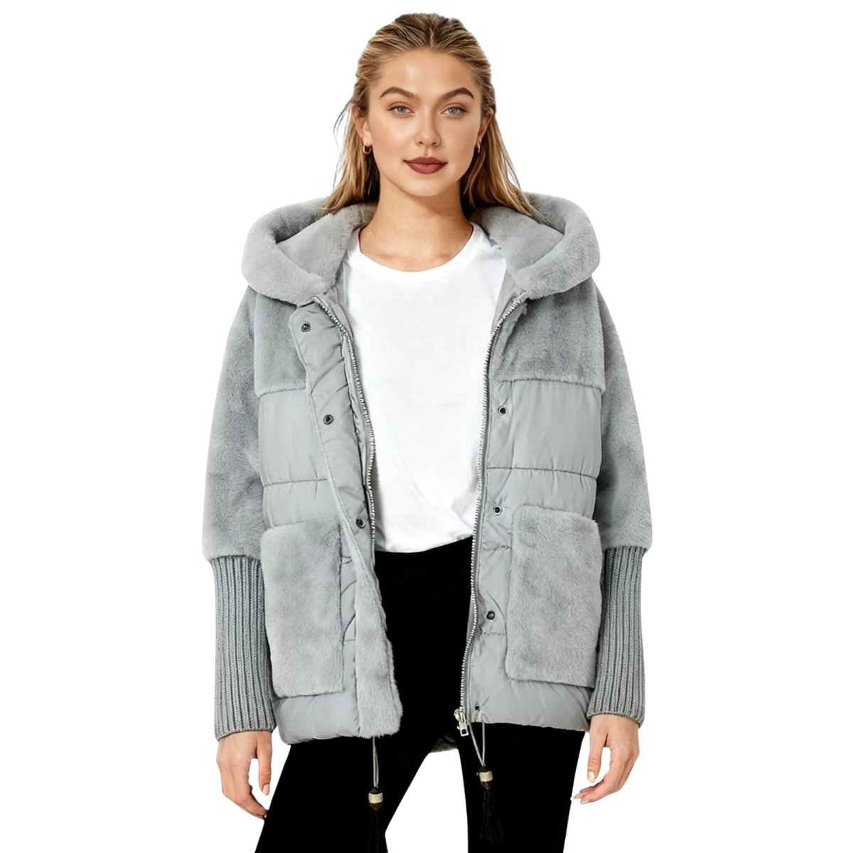 Woman wearing a gray kouvr hooded jacket on a white background