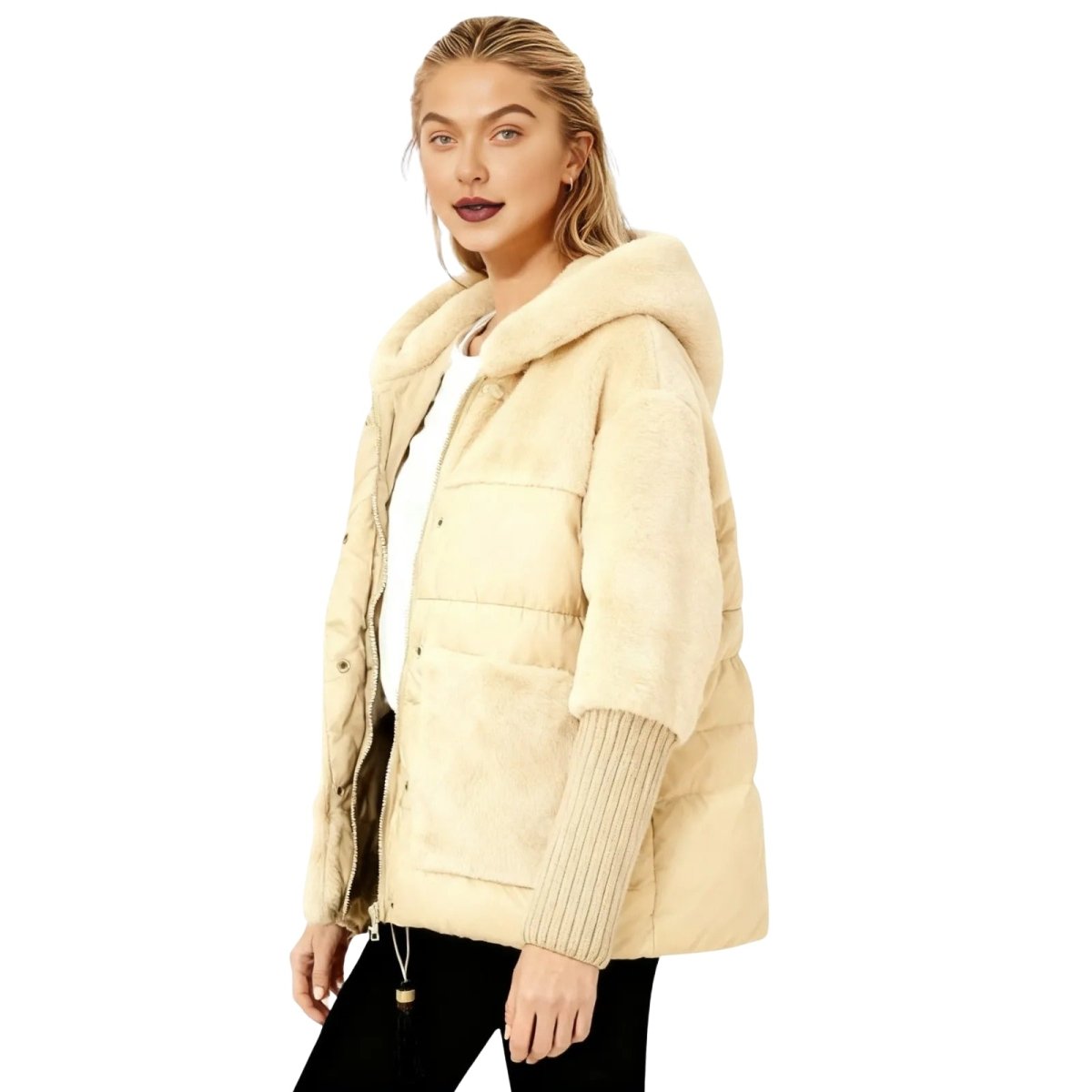 Woman wearing a beige kouvr puffer jacket on a white background