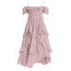 Model wearing Kouvr Fashion Freyna dusty lilac two-piece ruffle dress with corset top and tiered midi skirt
