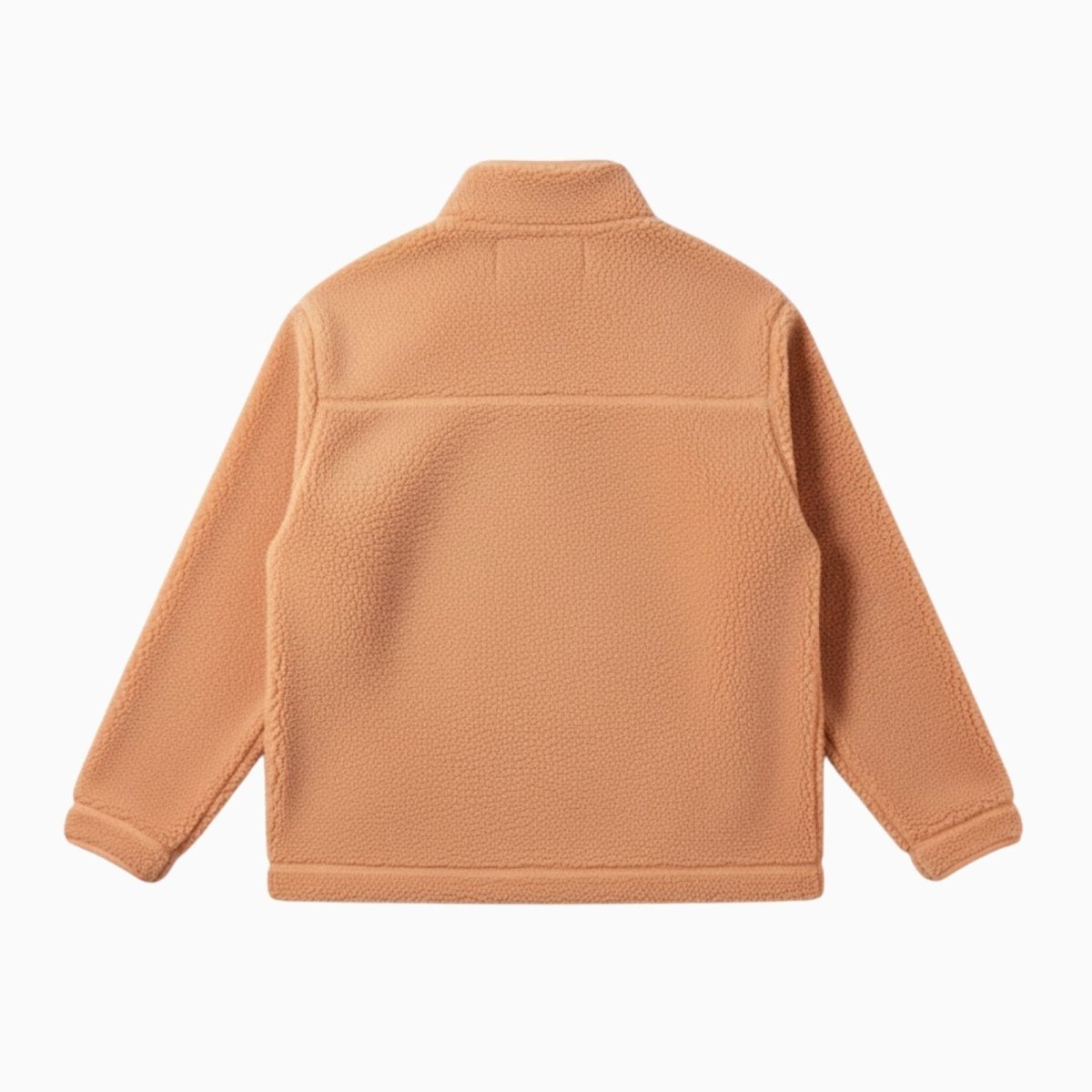 Flat lay of the full-zip camel sherpa fleece jacket by Kouvr Fashion, displaying the front pockets and premium zipper hardware.