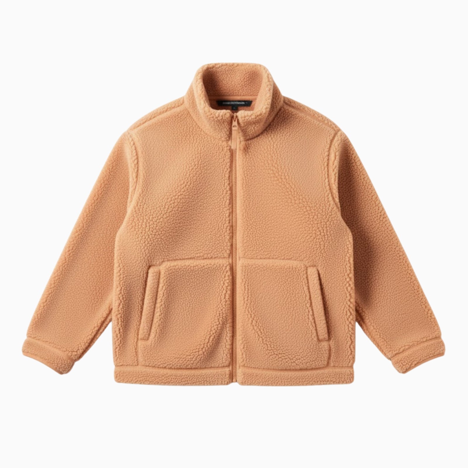 Flat lay of the full-zip camel sherpa fleece jacket by Kouvr Fashion, displaying the front pockets and premium zipper hardware.