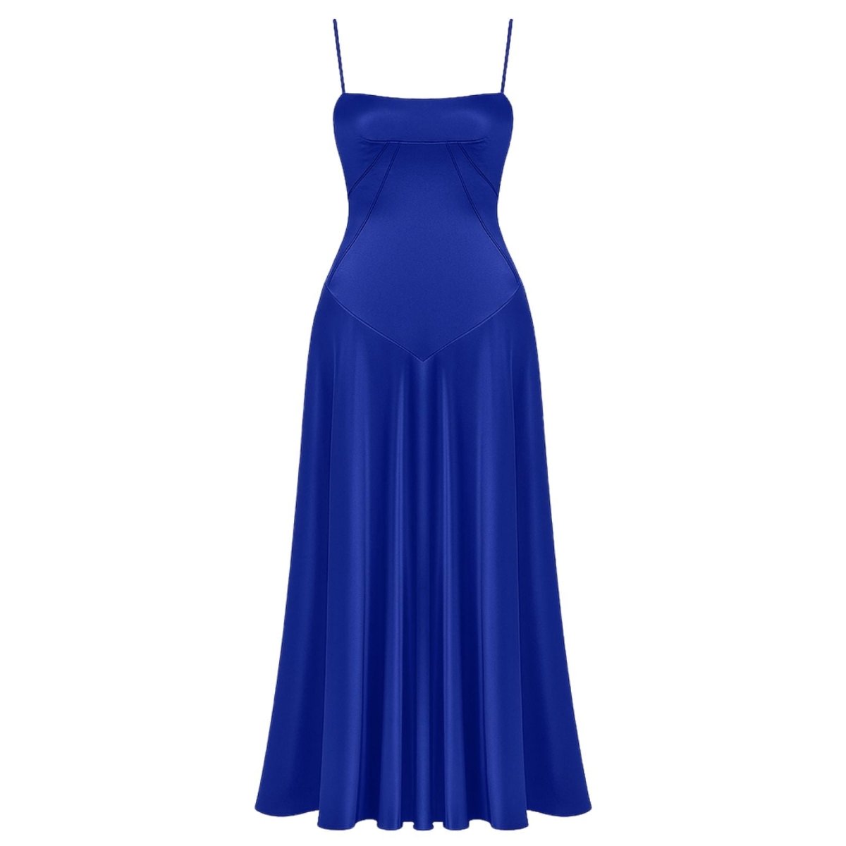 Model wearing the Gabriella blue kouvr satin corset gown front view.