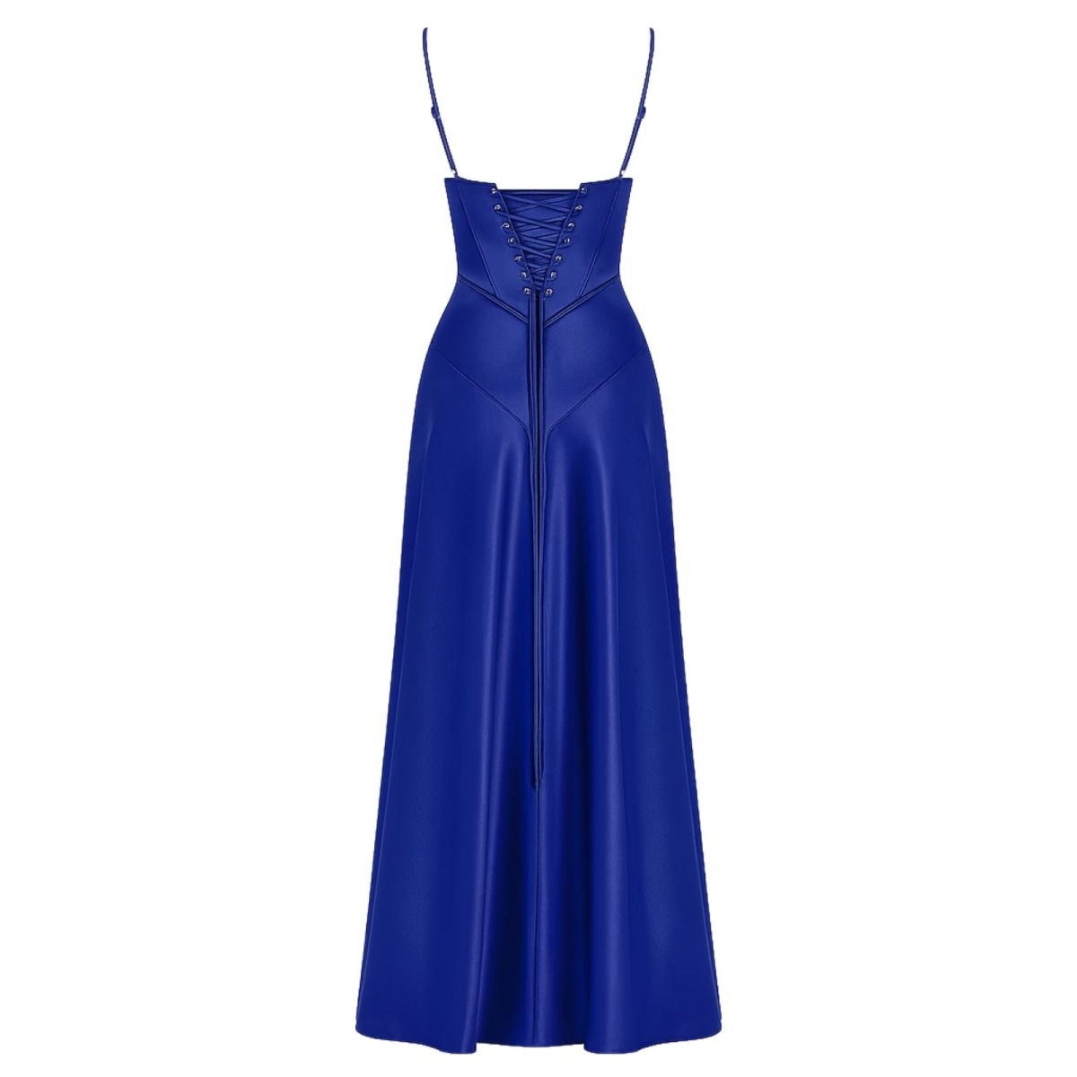 Detailed view of the adjustable lace-up corset back on the Gabriella blue kouvr satin gown