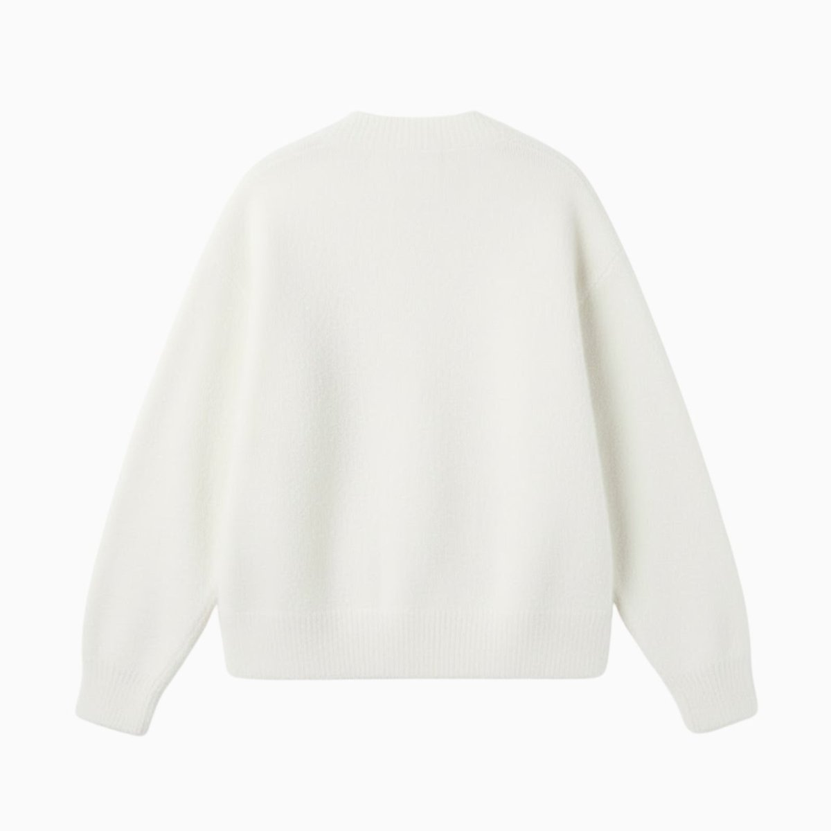 Flat lay of the back of the Kouvr Fashion white alpaca blend cardigan, displaying the quality knit construction.