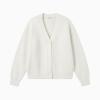Flat lay product shot of the Kouvr Fashion white v-neck button-front cardigan, showing its soft, fluffy texture.
