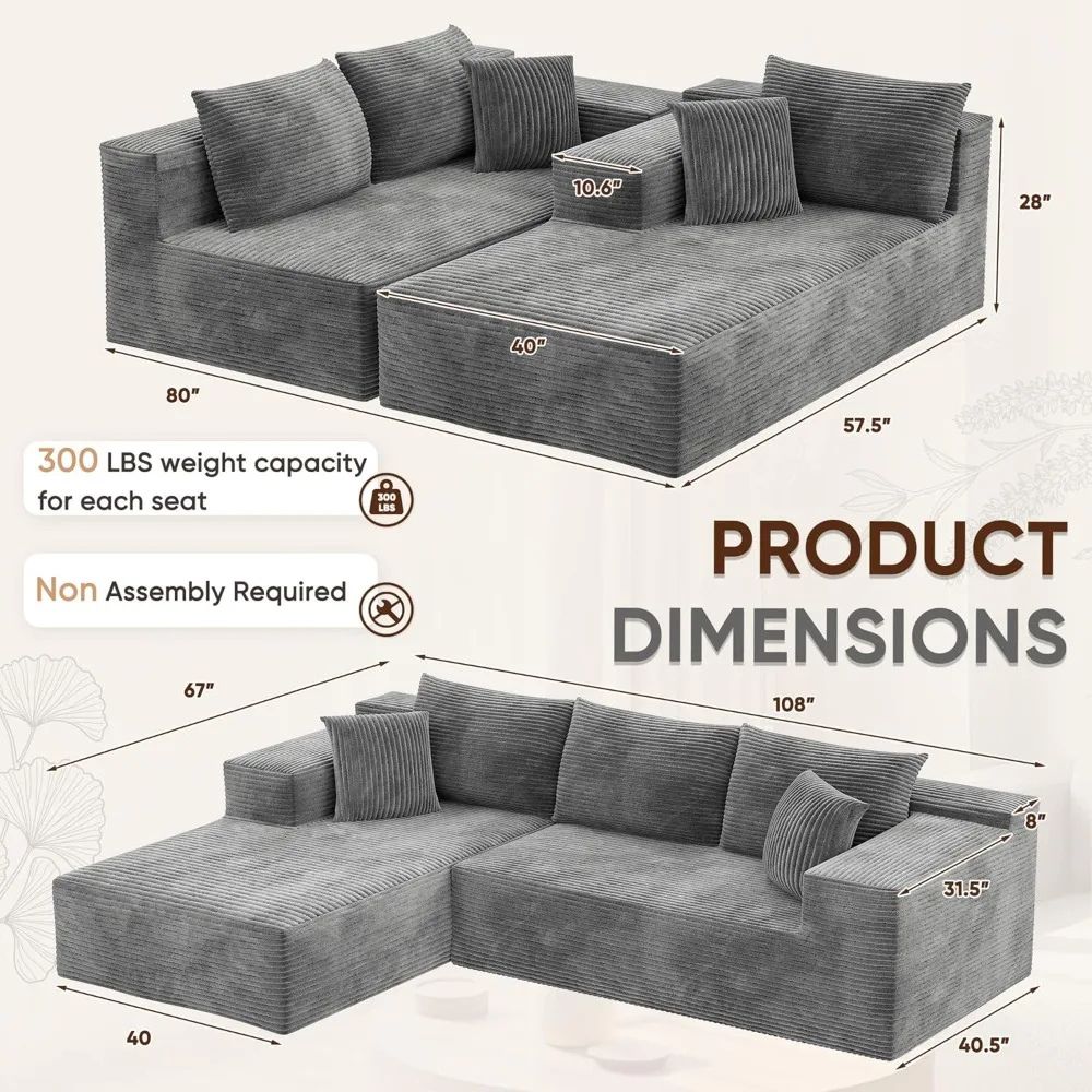 Gray kouvr sectional sofa with dimensions and product details on a white background