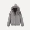 Model wearing Kouvr Fashion gray wool and cashmere blend hooded cardigan with silver fox fur trim