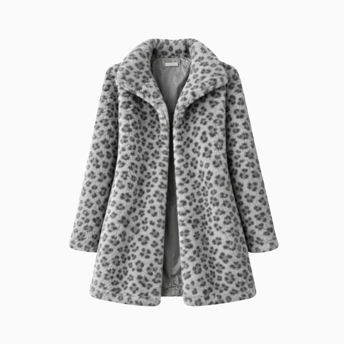 Product-only image of the Kouvr Fashion gray leopard coat laid flat, showing the open front and satin lining.