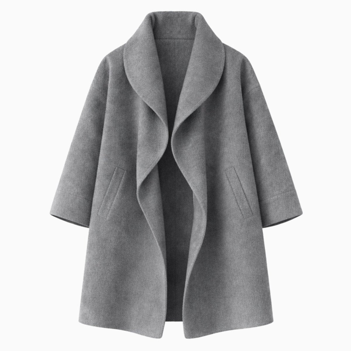 Flatlay product shot of the Kouvr Fashion gray shawl collar coat showing the open front, collar shape, and side pockets.