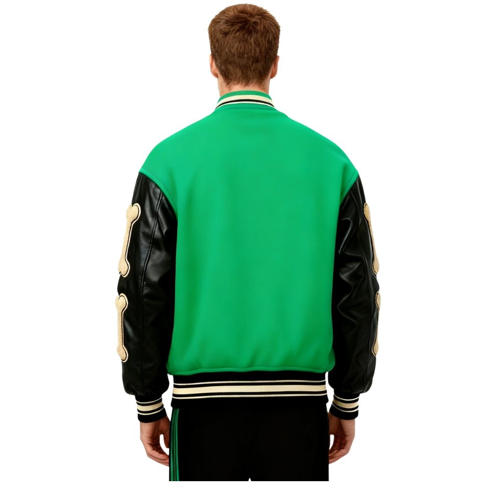 collegiate style", "chenille patch", "wool bomber", "leather sleeve jacket", and "designer outerwear for men
