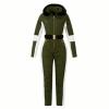 Front flat lay of the Kouvr Fashion green belted ski suit with gold zipper detail and black faux fur hood.