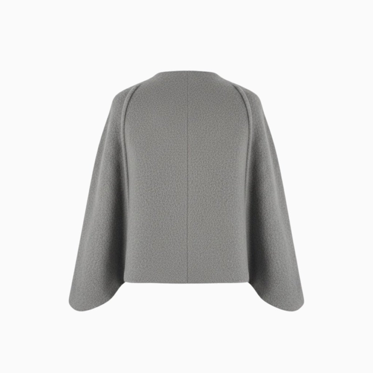 Back view of the Kouvr Fashion grey structured cape jacket showing the shoulder piping and minimalist design.
