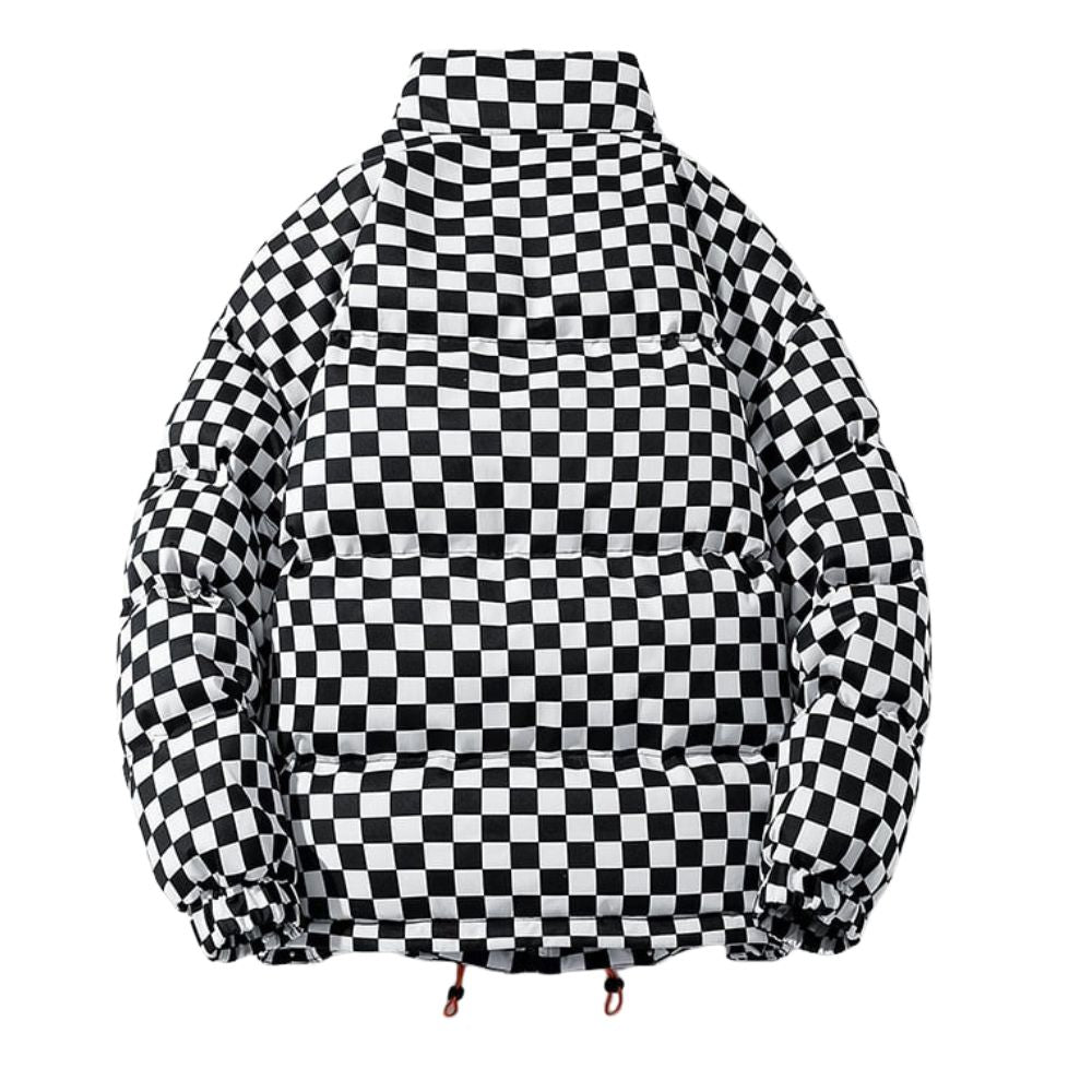 Model wearing the Kouvr Fashion Grid checkerboard puffer jacket with a black turtleneck