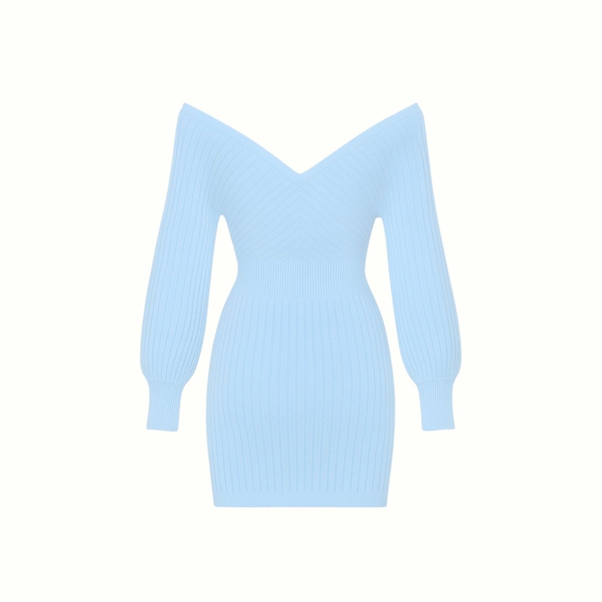 Studio product image of the Kouvr Fashion light blue ribbed knit dress showing the crossover bodice and texture detail.