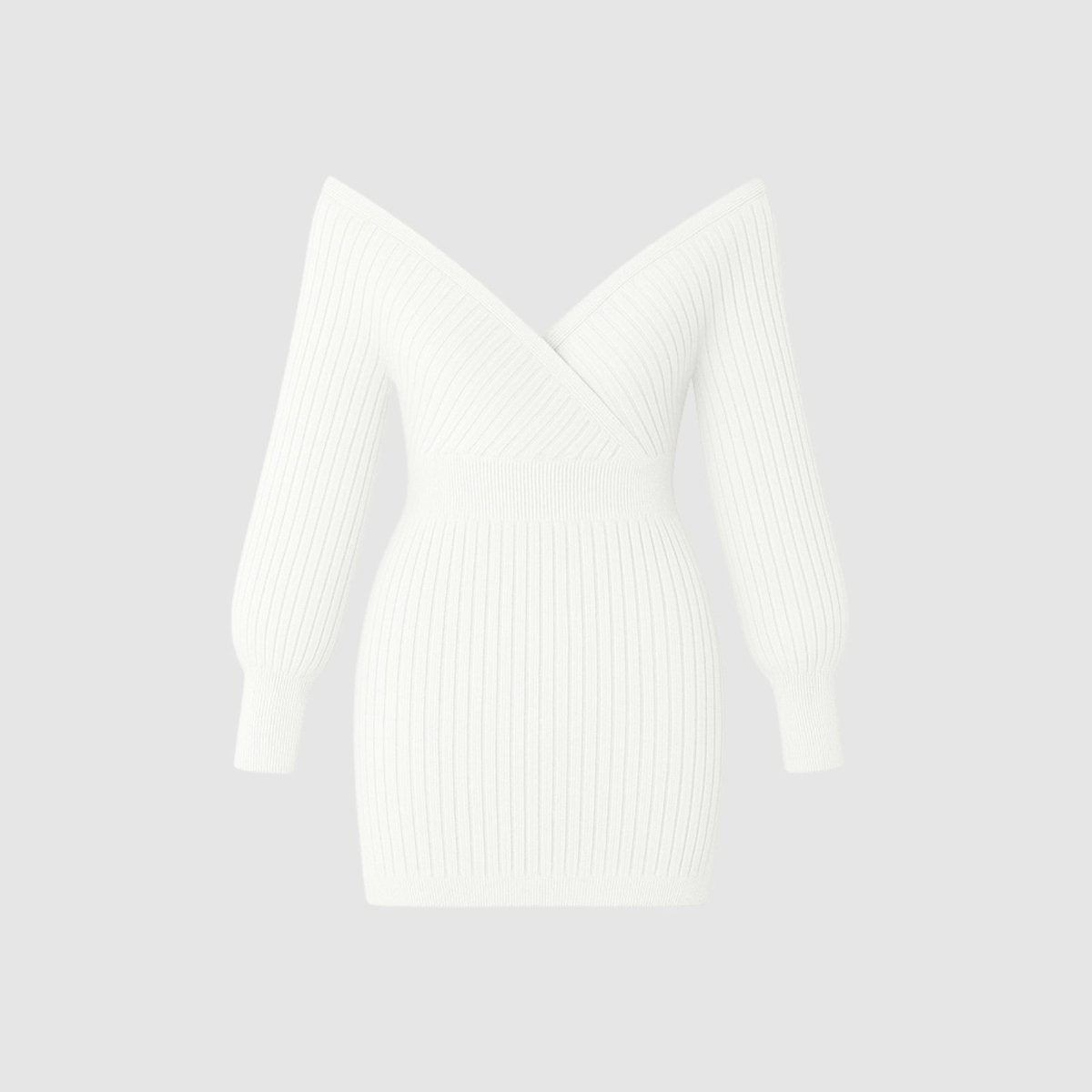 Product flat lay of the Kouvr Fashion Gwynth off-shoulder sweater dress in white, detailing the ribbed knit texture and surplice neckline.