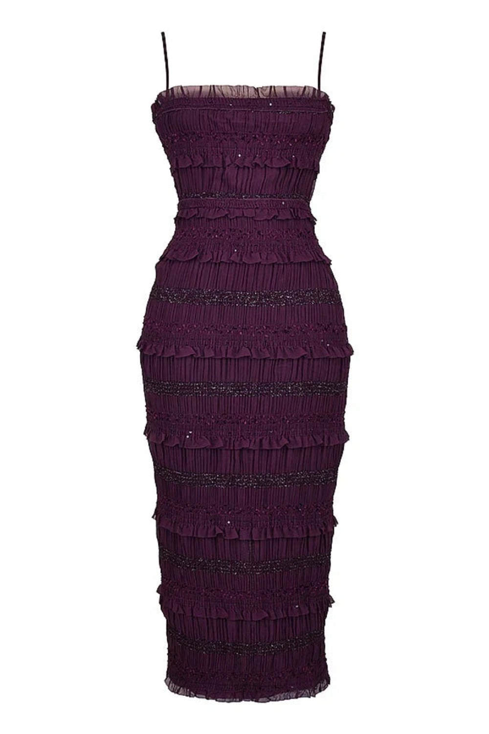Model wearing the Kouvr Fashion Hannie formal evening jumpsuit in plum purple with tiered ruffles and bead embellishments