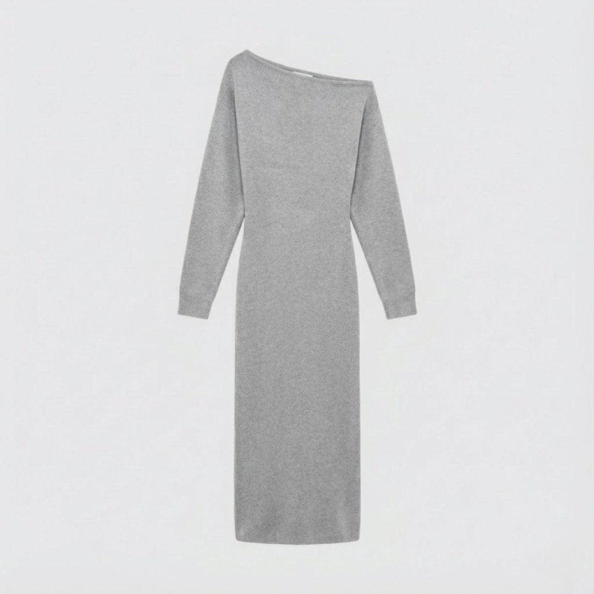 Flatlay product shot of the Kouvr Fashion heather light grey boat neck knit dress, front view.