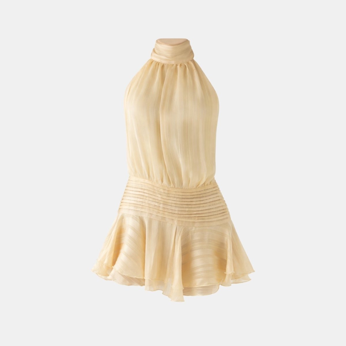Product-only photo of the Kouvr Fashion Hope halter mini dress in butter yellow, showcasing the striped chiffon fabric and ruched waistband.