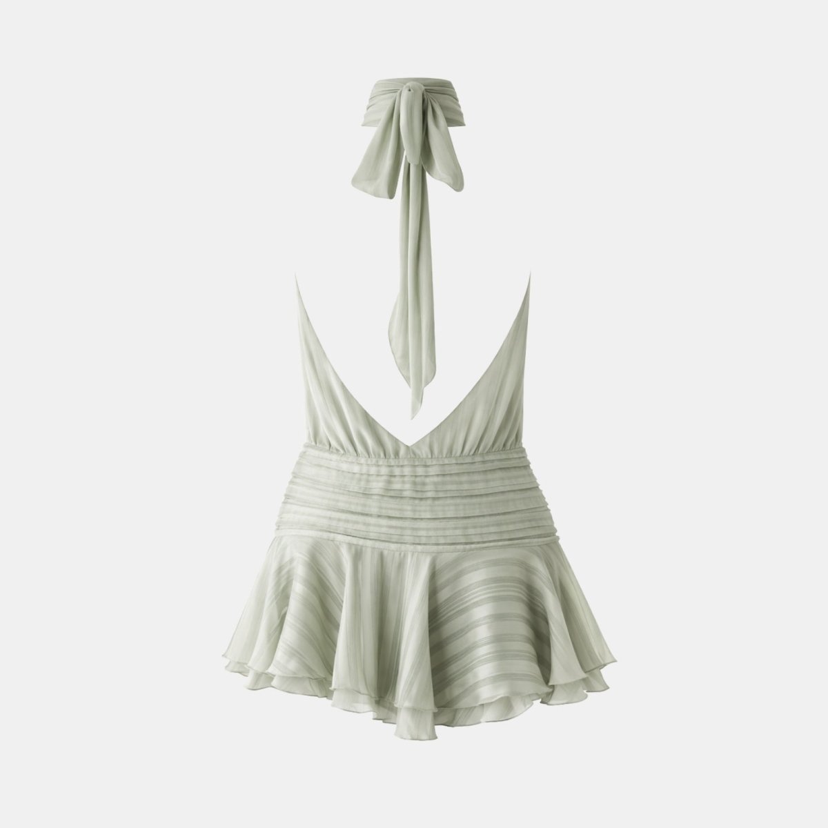 Ghost mannequin photo of the back of the Kouvr Fashion sage green dress, highlighting the open back and smocked waistband detail.