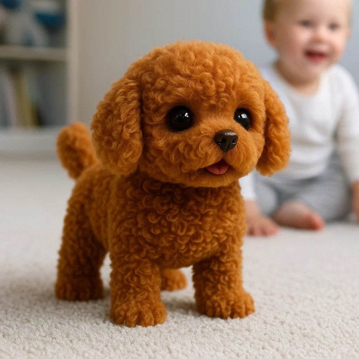 A smiling toddler playing on the floor behind a brown kouvr interactive poodle stuffed animal toy from Kouvr Fashion.