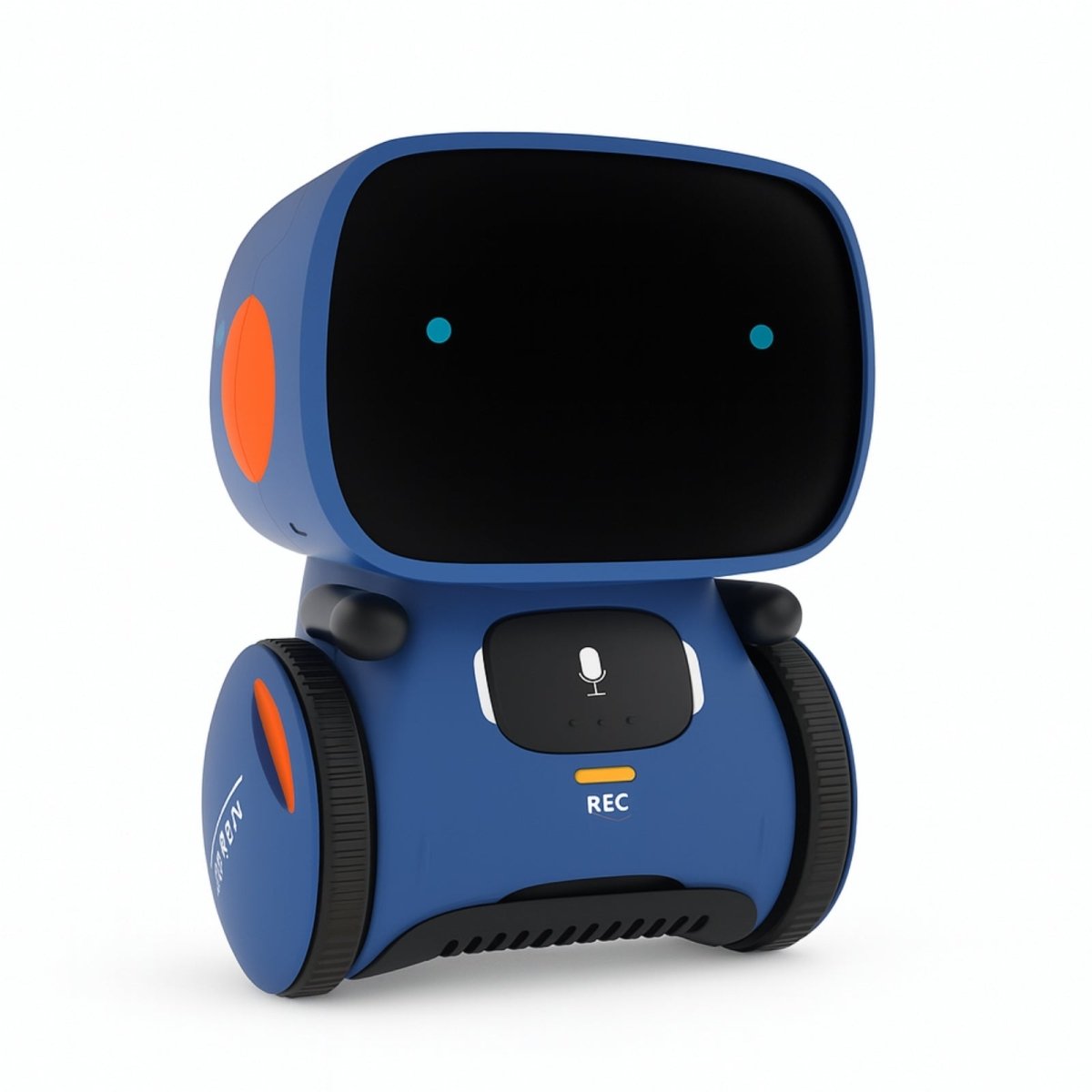 A blue version of the Kouvr Fashion interactive smart robot, detailed with orange accents on its wheels and sides, on a white background.