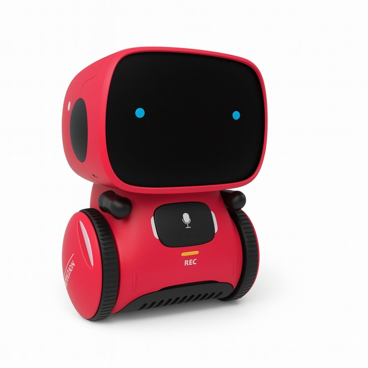 A bright red Kouvr Fashion interactive dancing robot with blue digital eyes, shown on a white background.