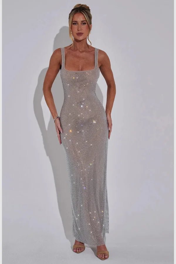 knee length dresses for ladies Silver Rhinestone Maxi Dress - Crystal Mesh Sheer Gown with Square Neck &  Low Back | Embellished Evening & Gala Dress for Women