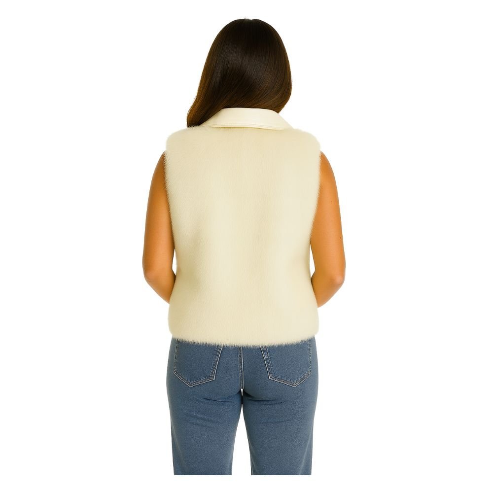 Kouvr Fashion women's pearl white sheared mink fur vest with a Nappa leather collar and front zip closure, shown from the front.