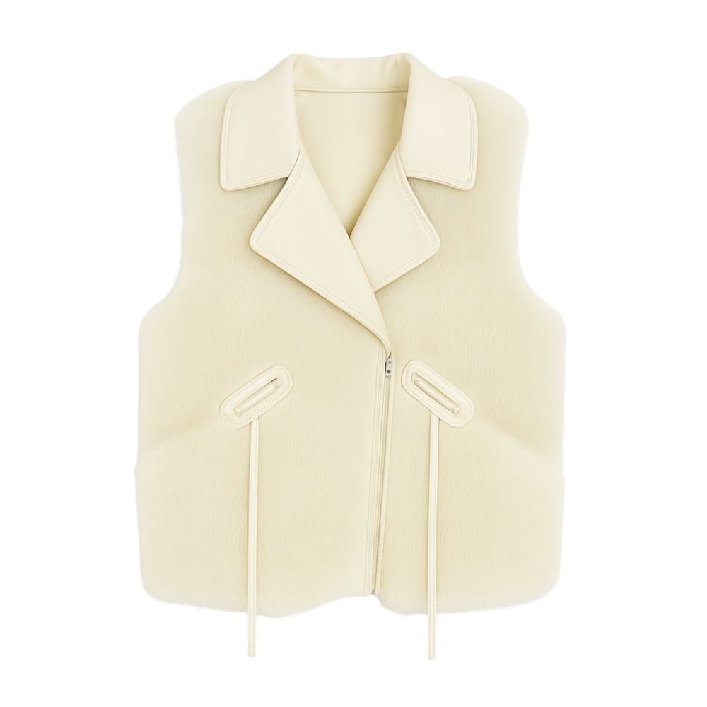 Kouvr Fashion women's pearl white sheared mink fur vest with a Nappa leather collar and front zip closure, shown from the front.