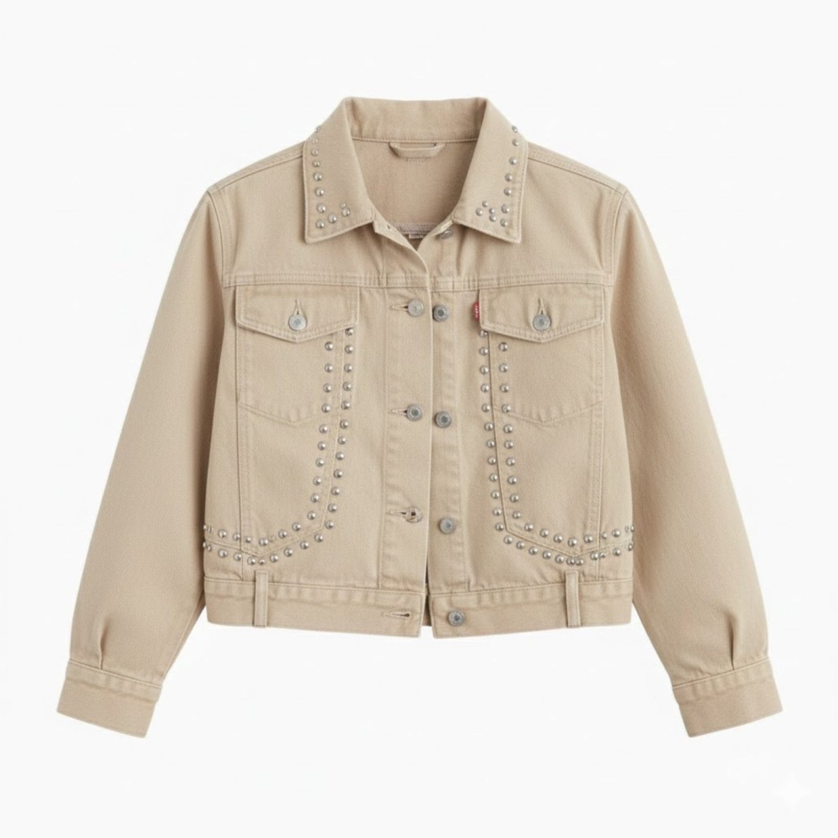 Flat lay product shot of the front of the Kouvr Fashion Jacklyn studded khaki jacket, displaying the full stud pattern and hardware details.