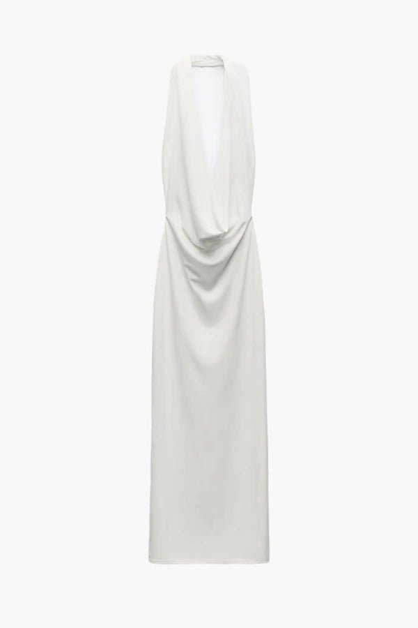 draped neckline,' 'plunge front,' and 'open-back dress