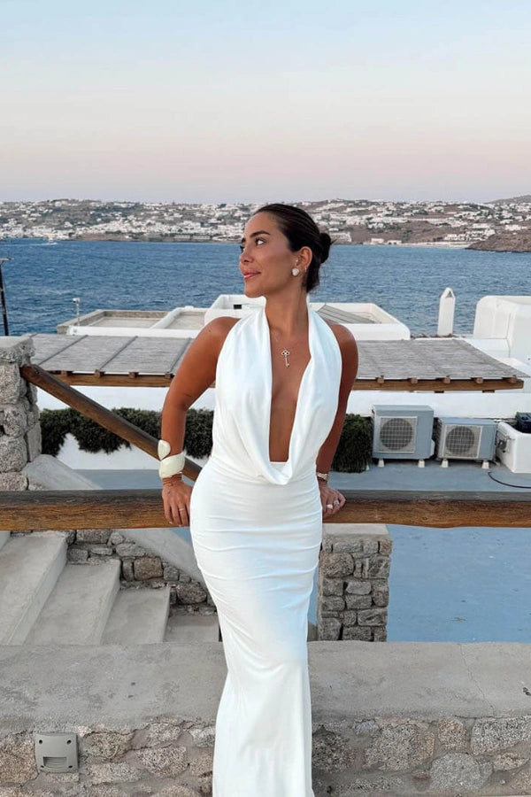 draped neckline,' 'plunge front,' and 'open-back dress