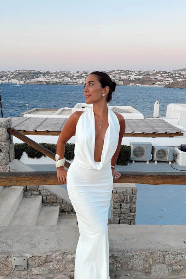draped neckline,' 'plunge front,' and 'open-back dress