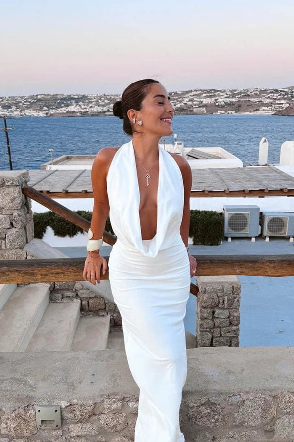 White Halter Cowl Neck Maxi Dress | Backless Floor-Length Evening Gown |  Formal Party, Wedding Guest & Vacation