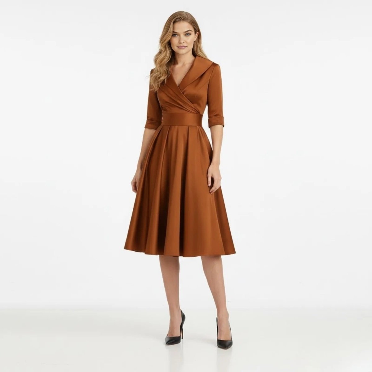 Model facing forward wearing the Kouvr Fashion jenner brown shawl collar fit and flare midi dress with three-quarter sleeves and black heels.