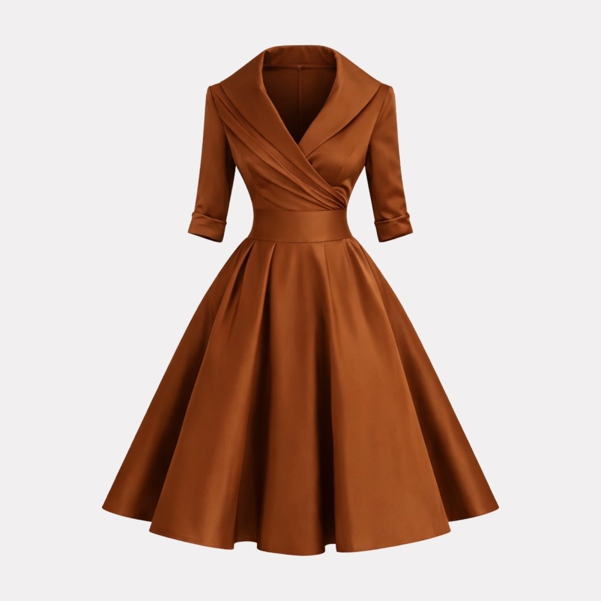 Product-only image of the Kouvr Fashion jenner brown shawl collar midi dress on a white background, showing the pleated skirt and surplice neckline.