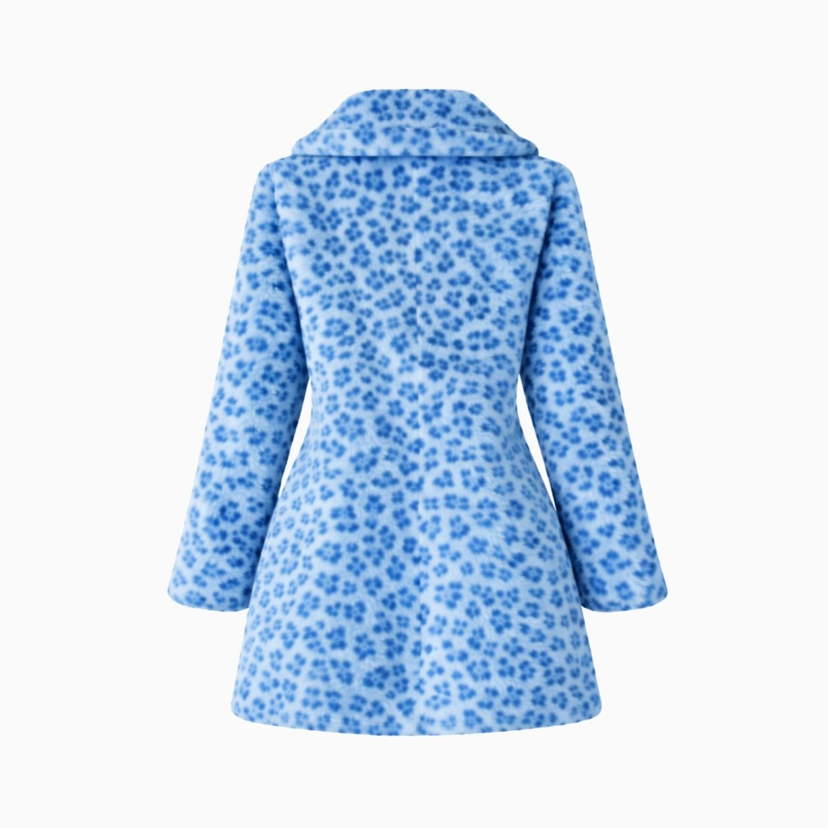 Flatlay studio photo of the back of the Kouvr Fashion blue leopard print winter coat, showcasing the plush texture and pattern detail.