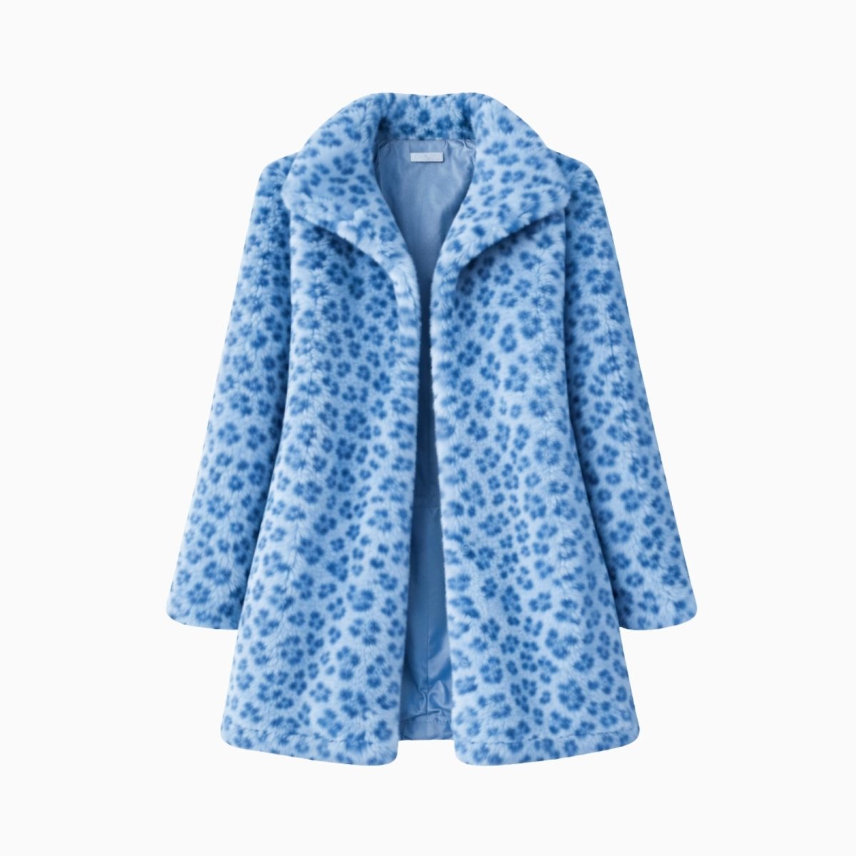 Flatlay product shot of the Kouvr Fashion blue leopard faux fur coat, shown open to display the notched lapels and silky inner lining.