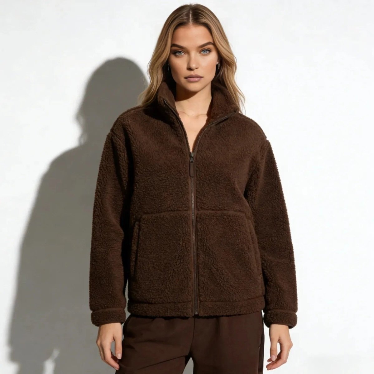 Model wearing the Kouvr Fashion Julie Sherpa Fleece Jacket in a rich dark brown, shown from the front against a white background