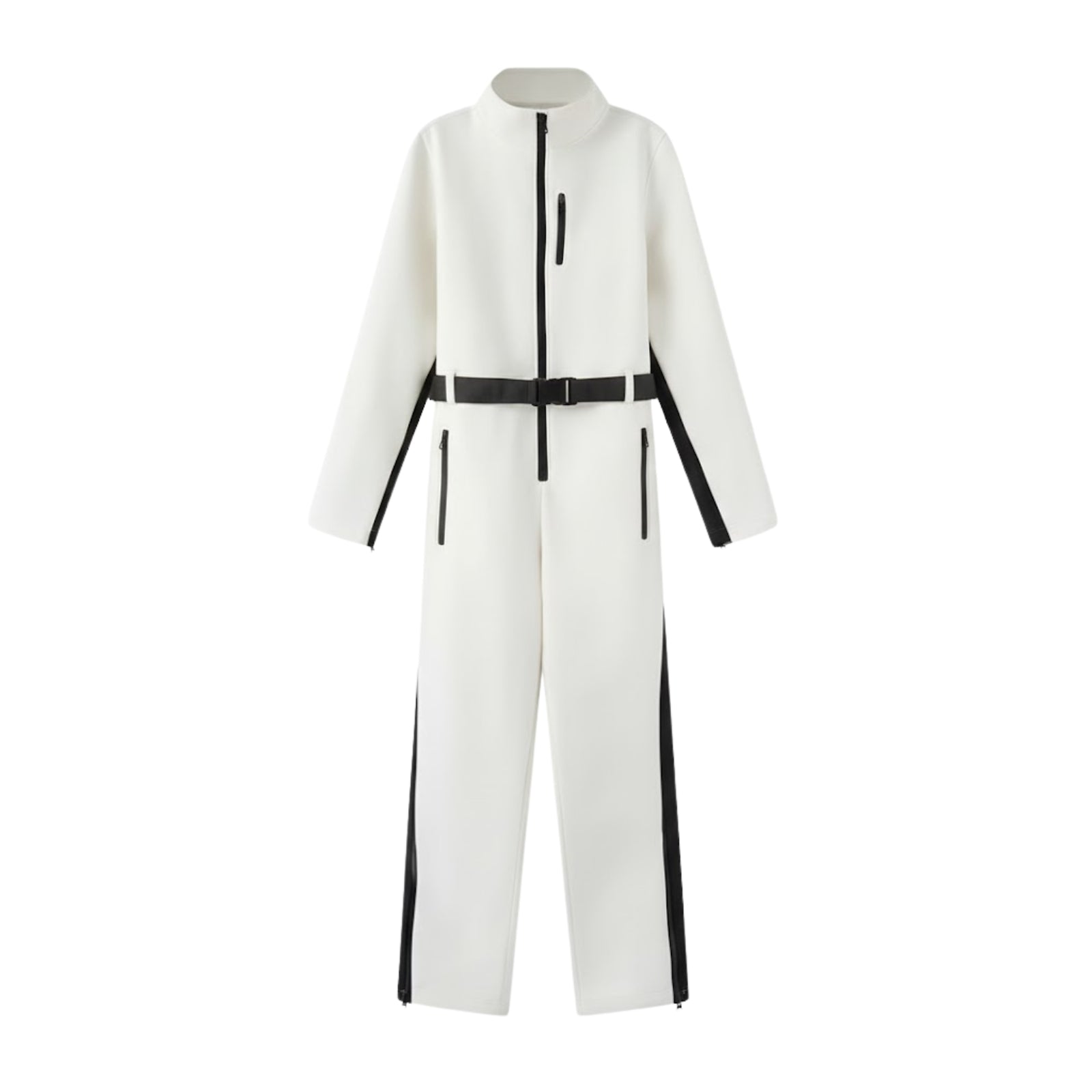 Front view of the Kouvr Fashion Junnie white one-piece ski jumpsuit on a white background.