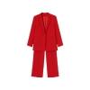 Flat lay of the front of a red women's suit, showing the single-breasted blazer and matching wide-leg trousers on a white background.