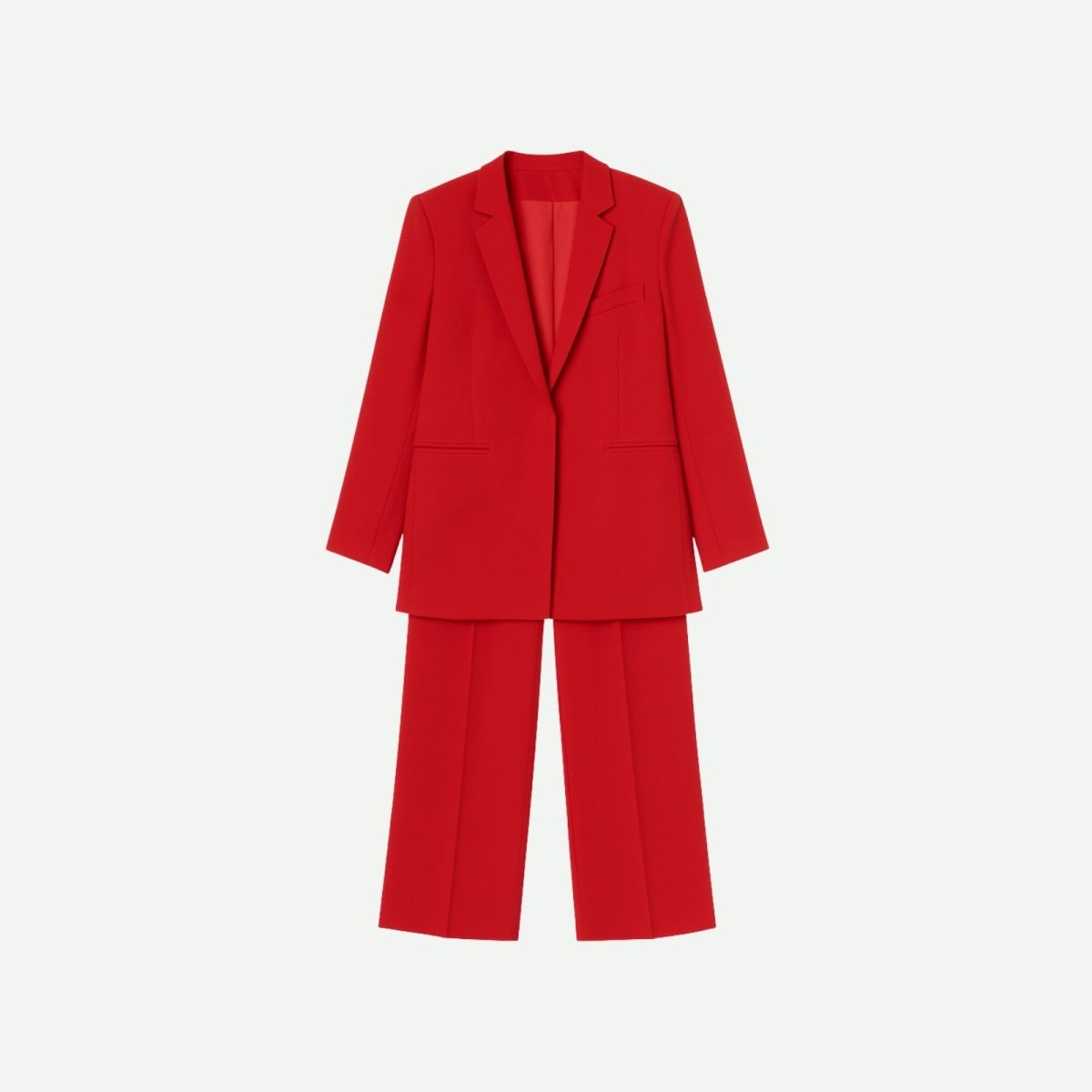 Flat lay of the front of a red women's suit, showing the single-breasted blazer and matching wide-leg trousers on a white background.