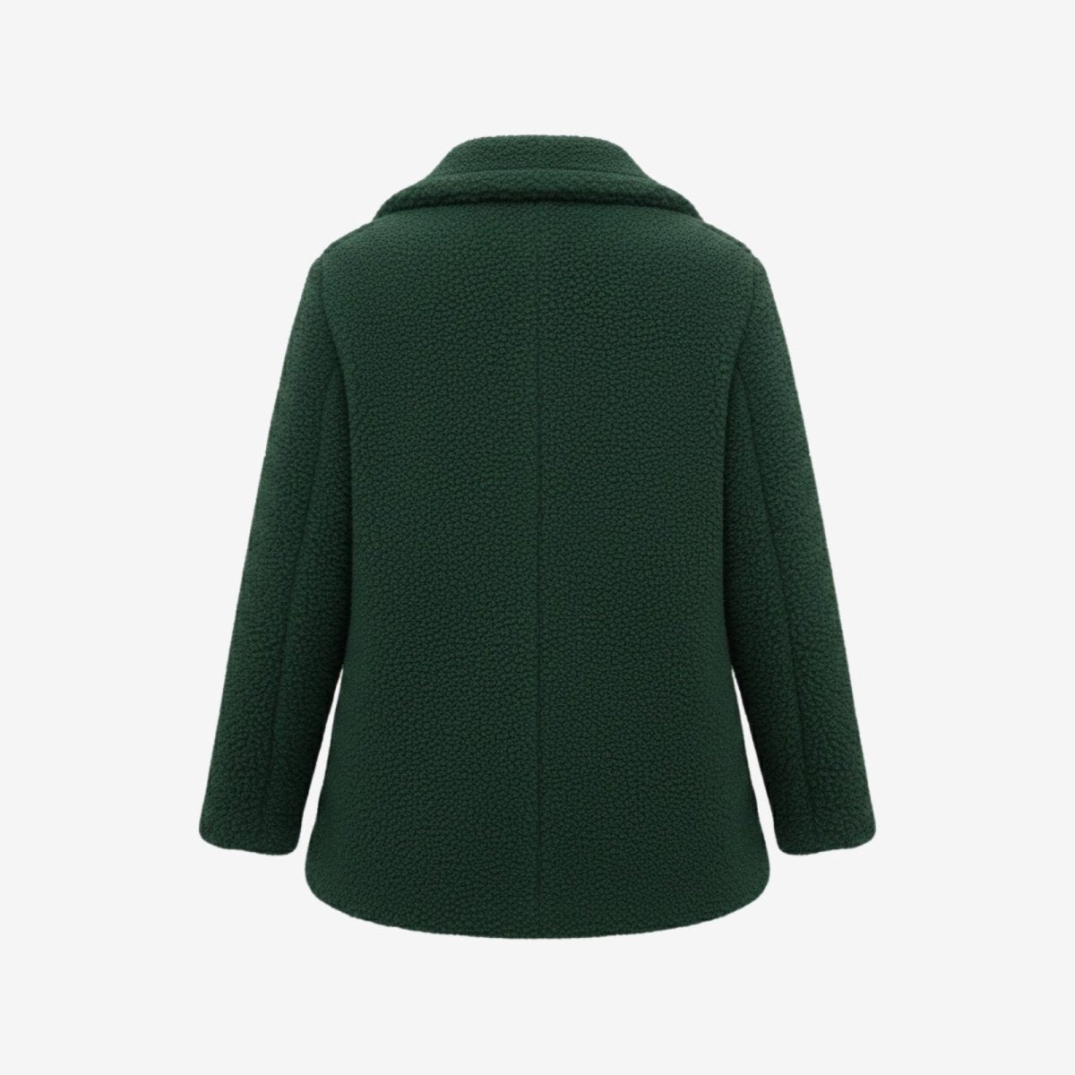 Close-up back view of the green coat showing the detailed, plush texture of the high-pile faux shearling material.