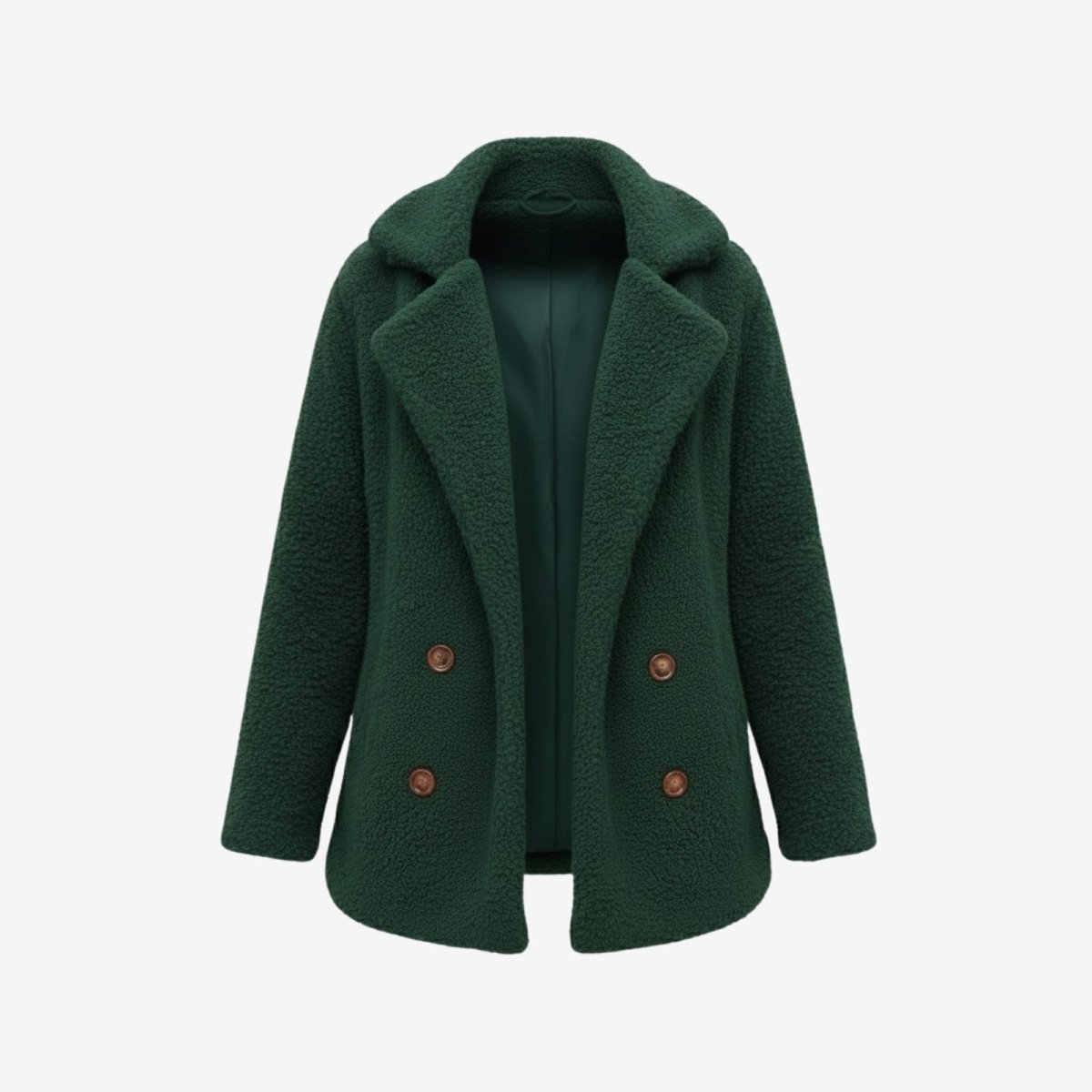 Flat lay of the open green double-breasted teddy coat, displaying the rich satin lining and custom tortoiseshell-effect buttons.